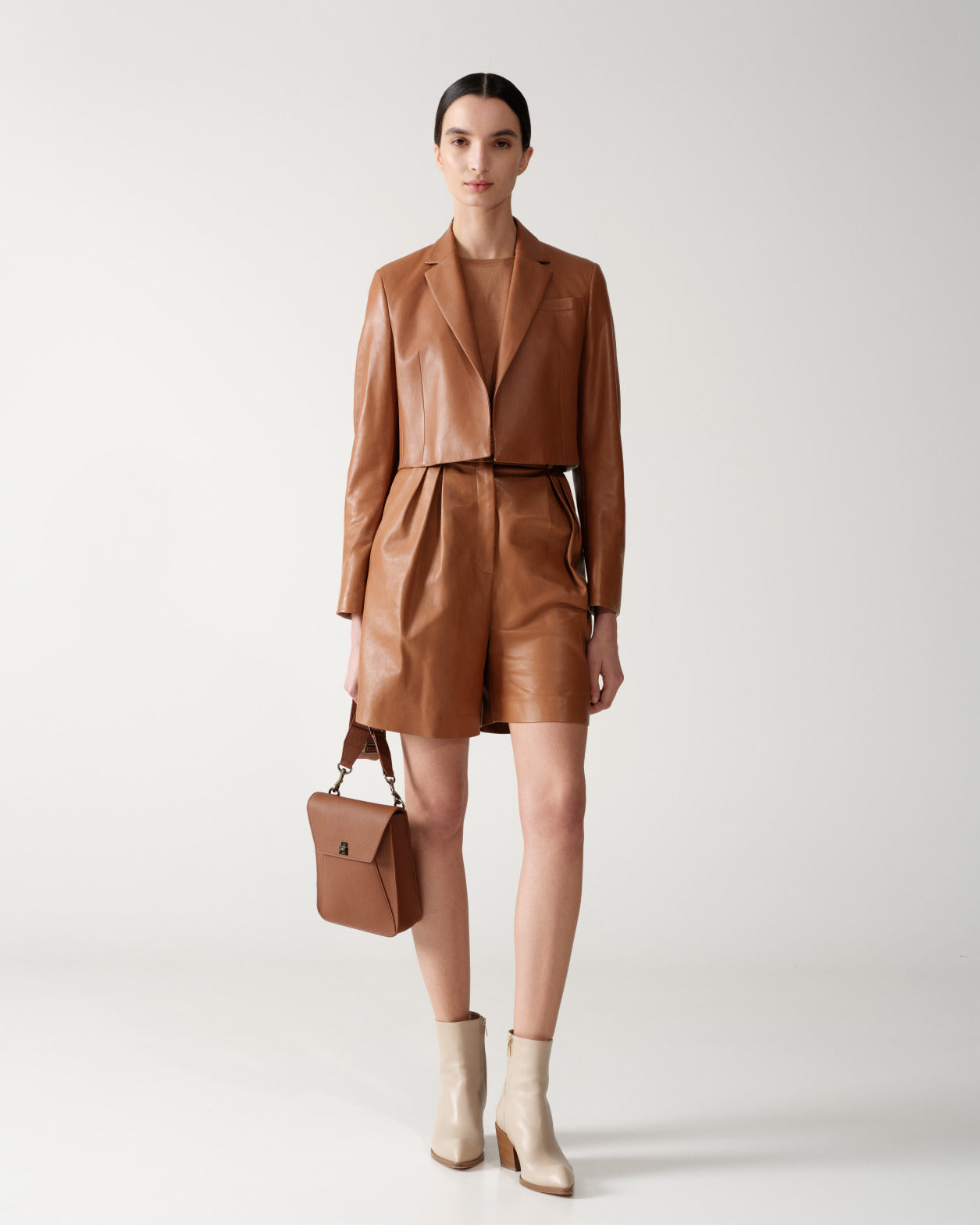 Cropped Leather Jacket with Lapel - brown
