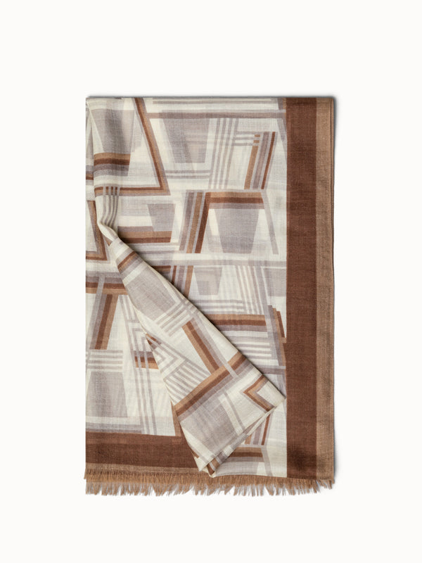 Cashmere Silk Scarf with Zig Zag Trapezoid Print - brown - multicolor