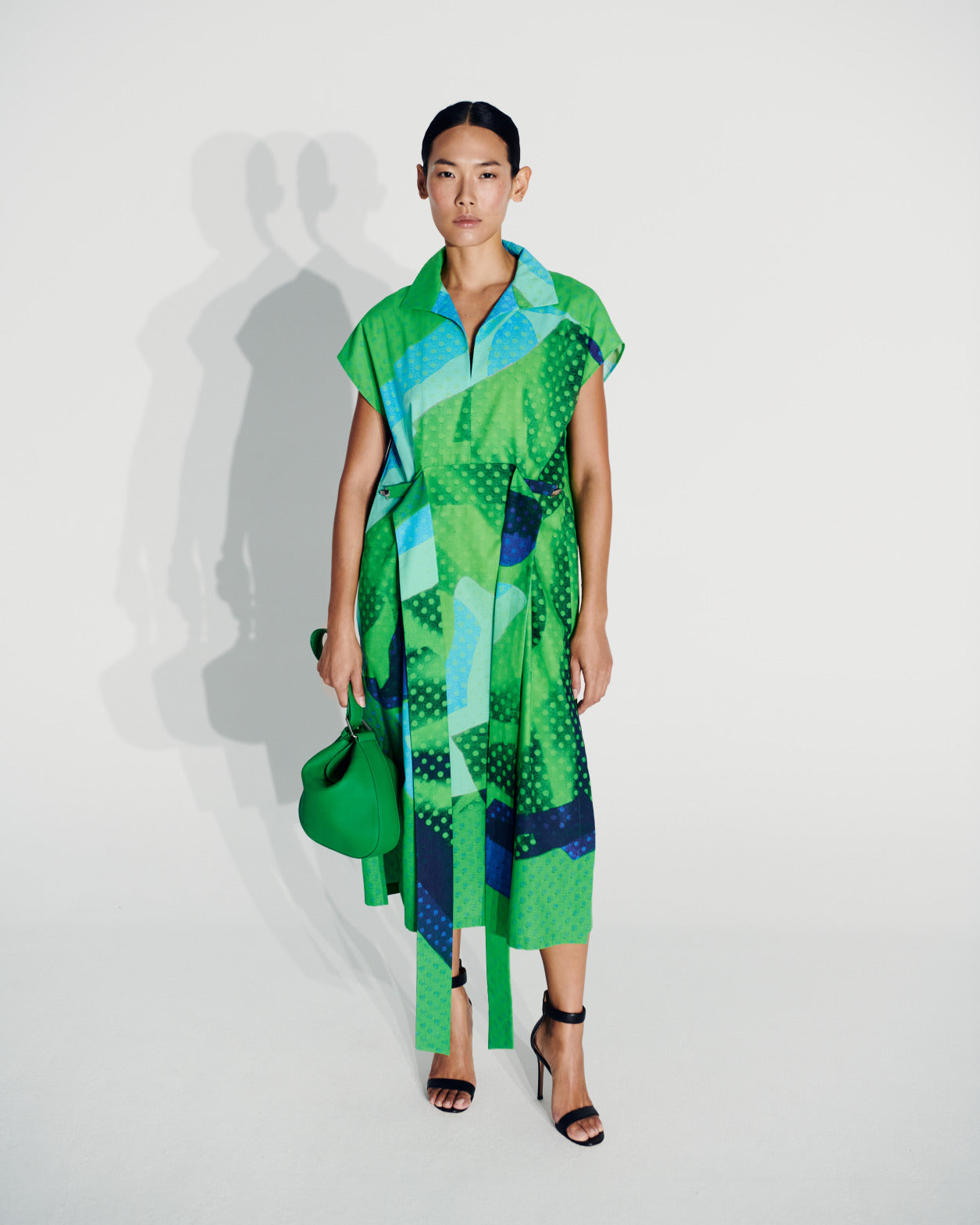 Cotton Shirt Dress with Superimposition Print - multicolor - green