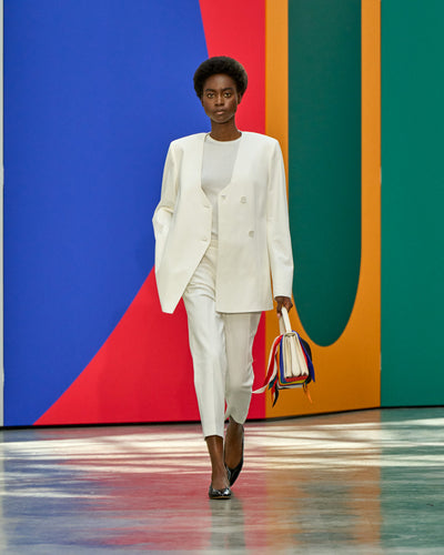 A look from Akris Spring/Summer 2026, blending art and fashion with Swiss luxury design, couture craftsmanship, and timeless elegance inspired by Leon Polk Smith