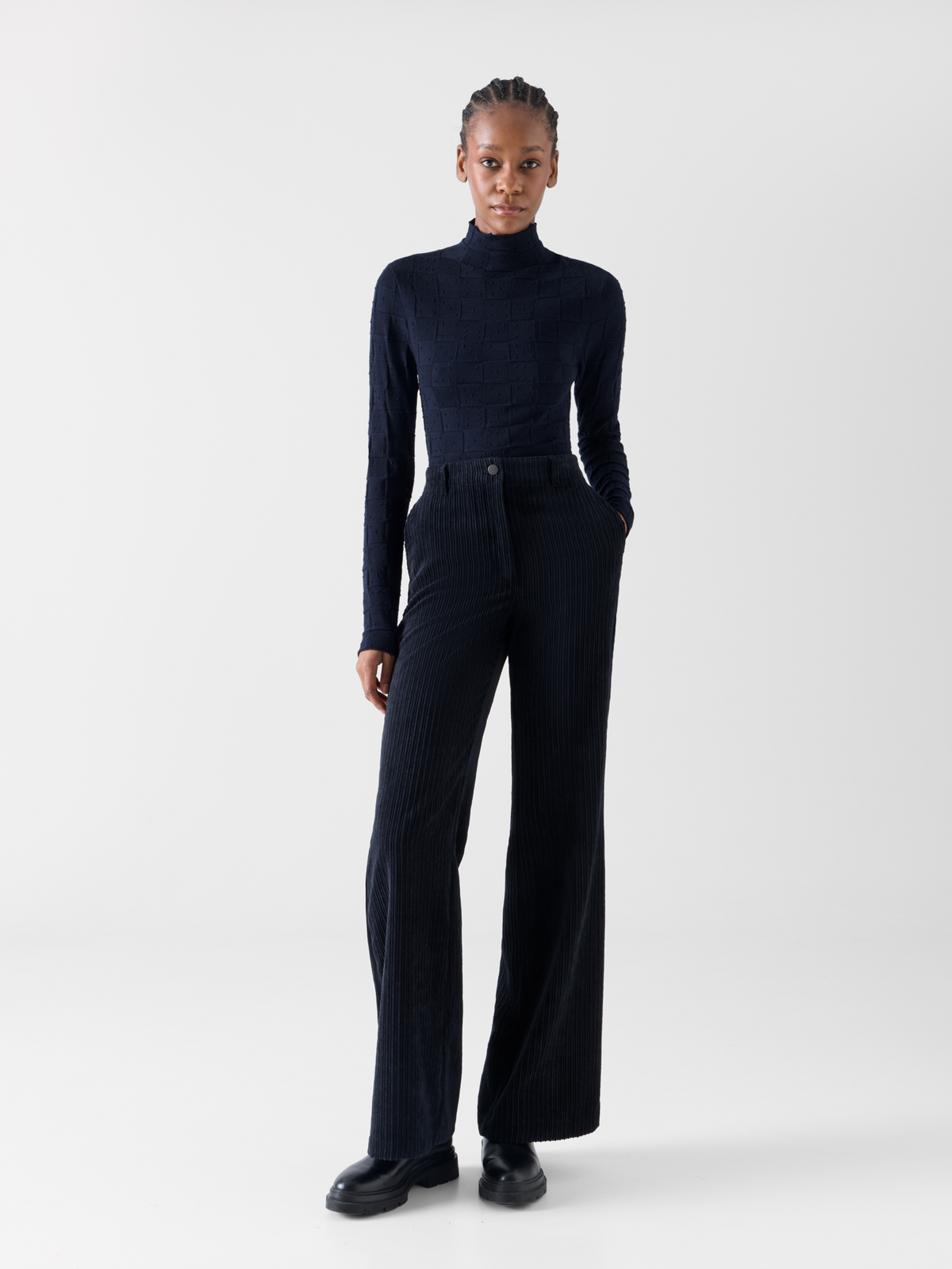 Designer メリノウール ニットプルオーバー - ネイビー 