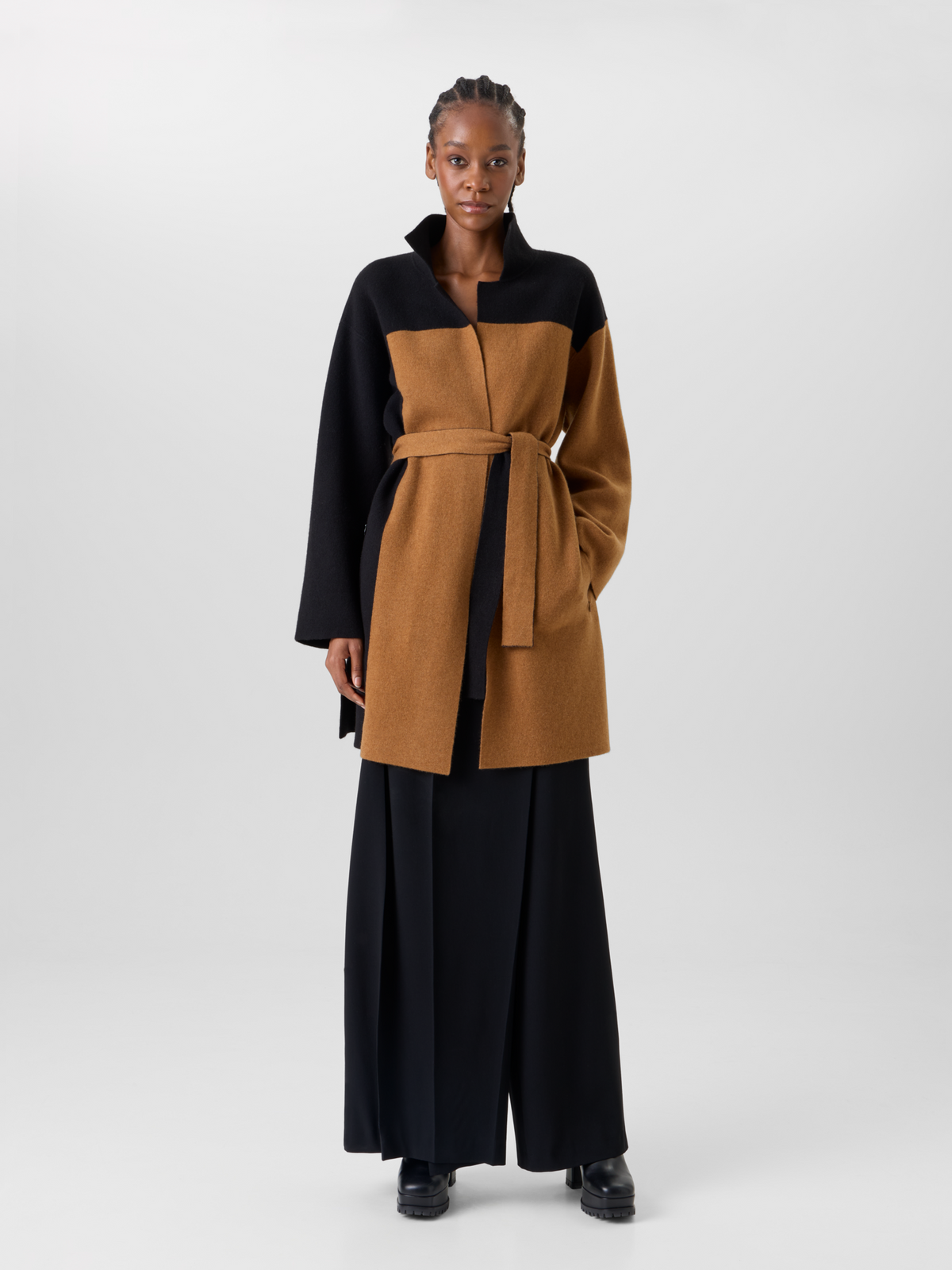 Designer カシミヤダブルフェイス ニットコート - ブラウン - ブラック 