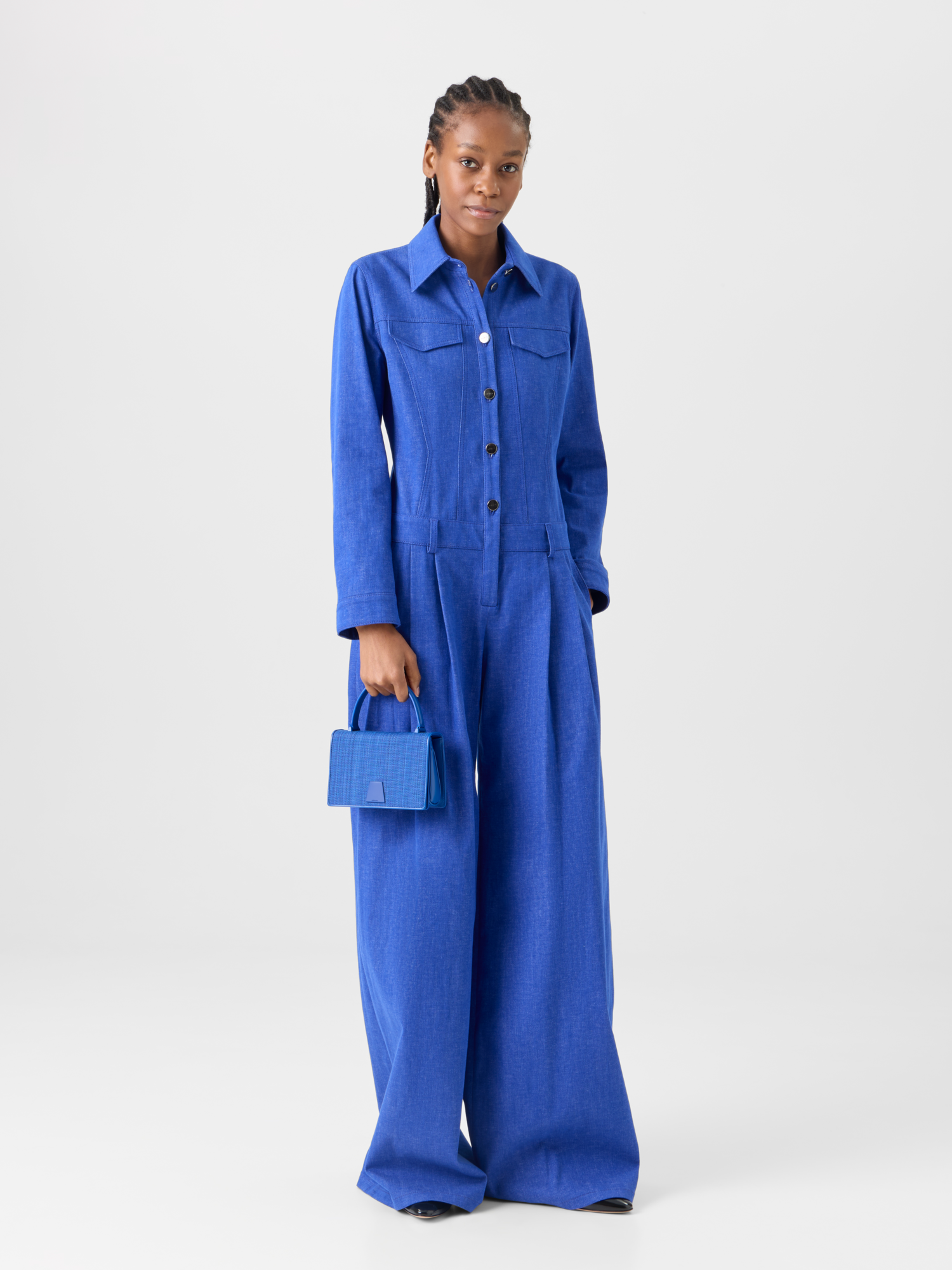 Designer コットンストレッチデニム ・ドレス - ブルー 