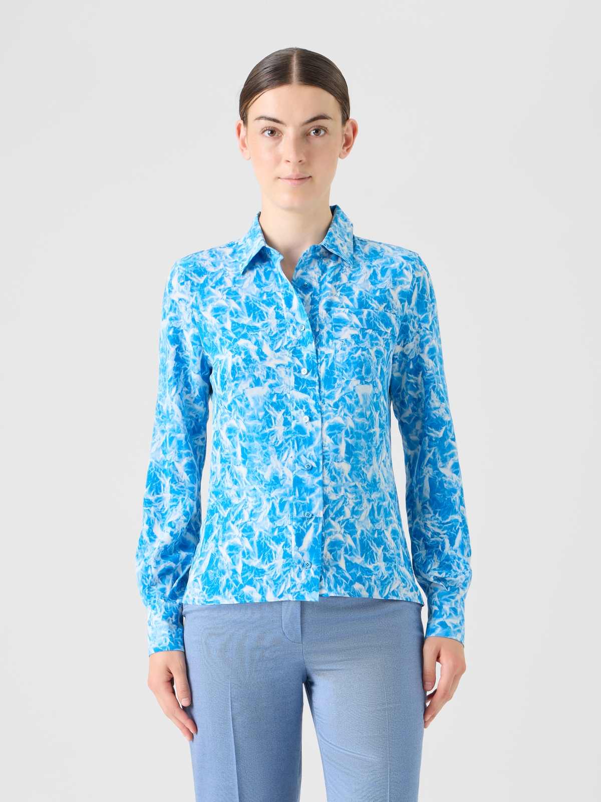 Designer シルククレープマロケイン ・ブラウス - ネイビー - エクリュ #editorial