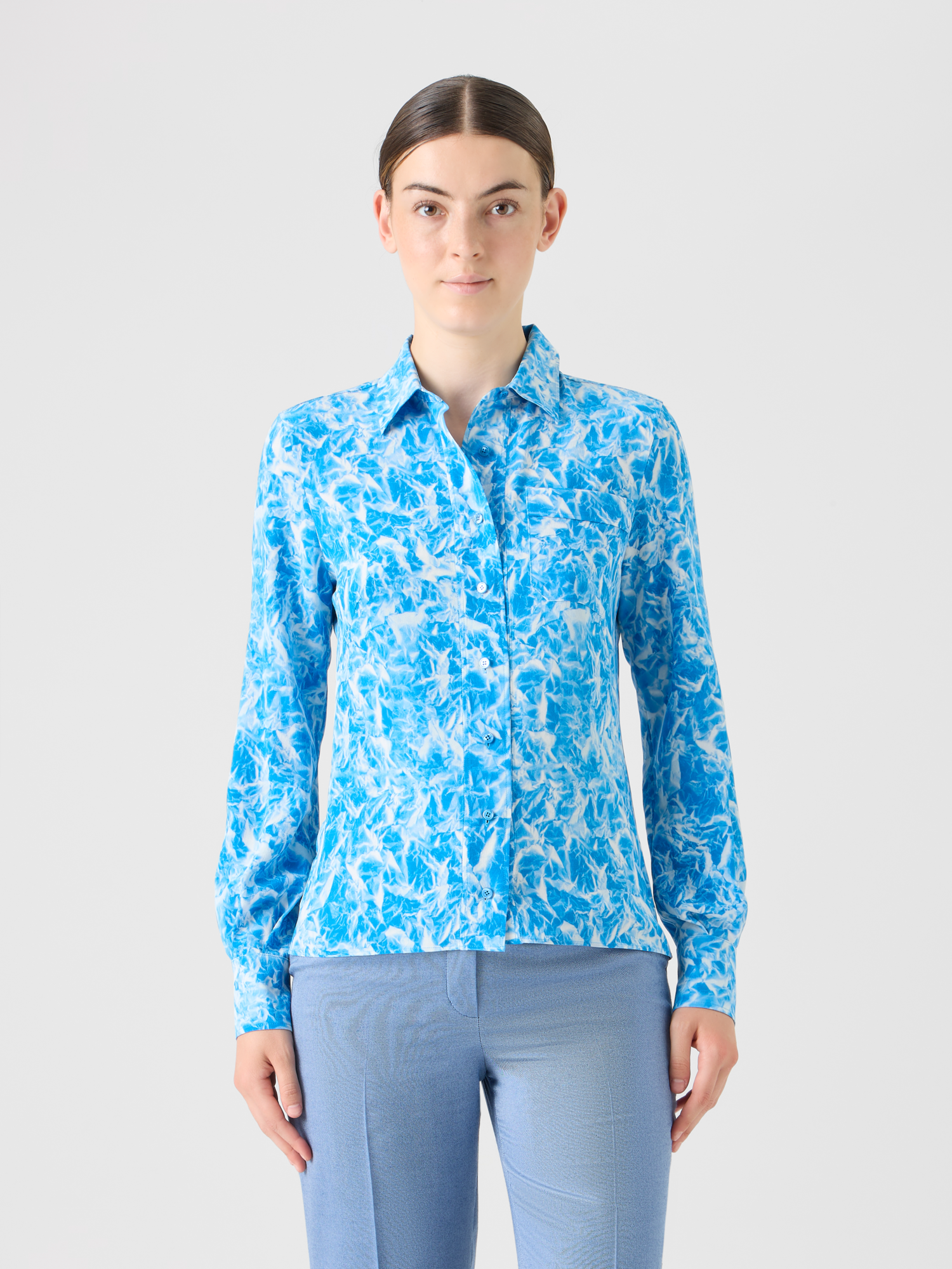 Designer シルククレープマロケイン ・ブラウス - ネイビー - エクリュ 