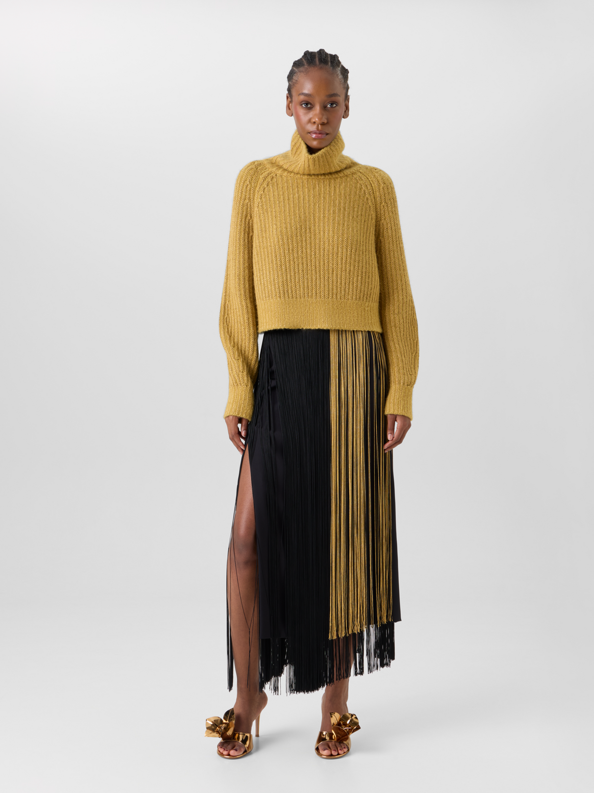 Designer シルクストレッチ スカート - ブラック - ゴールド 