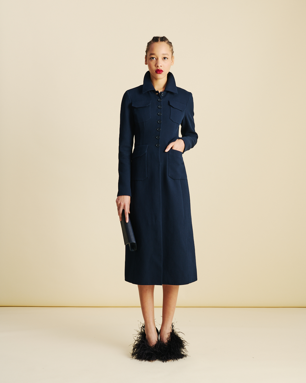 Designer ウールダブルフェイス ・ドレス - ネイビー - ブルー #editorial