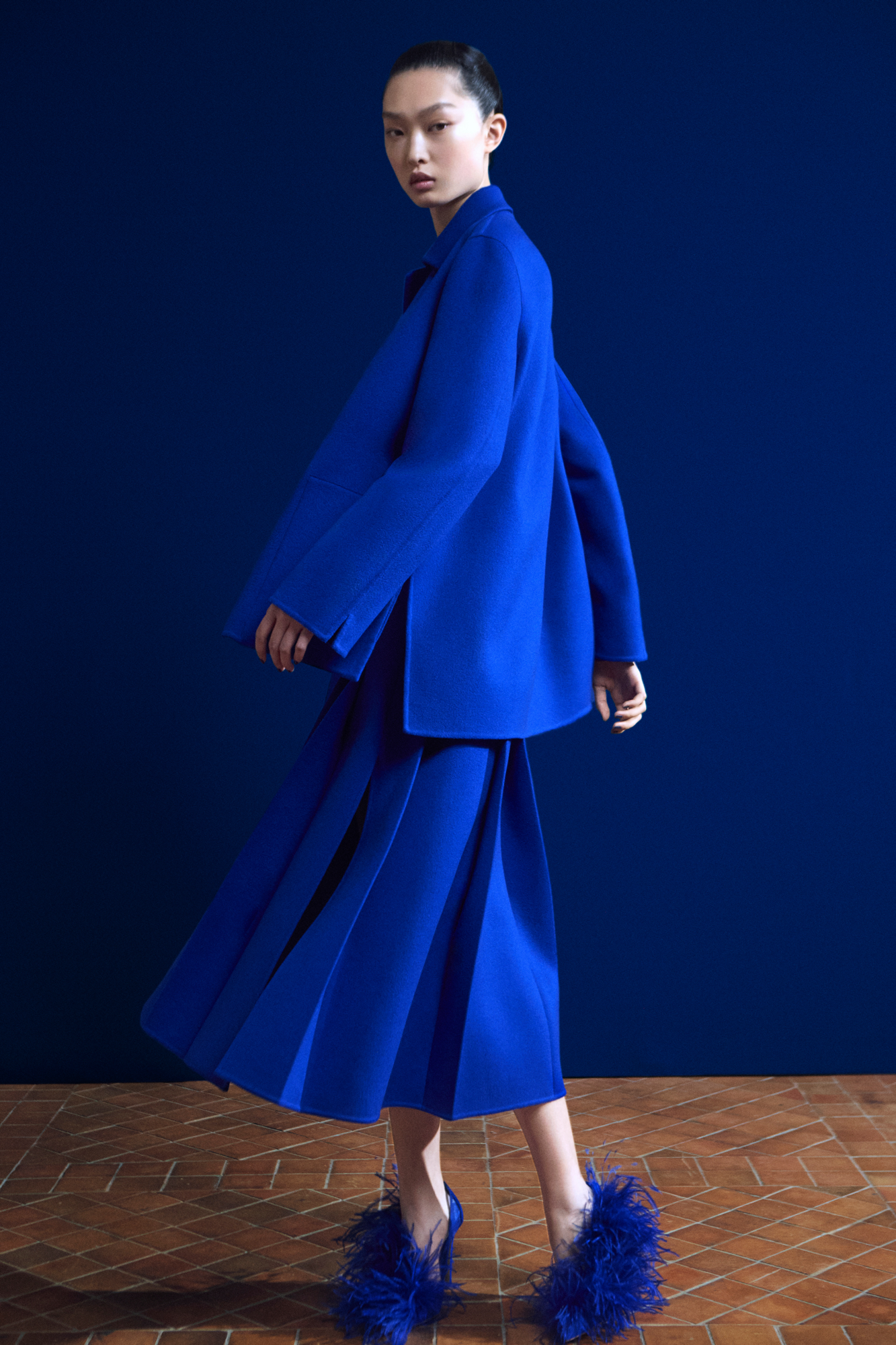 Designer ウールフランネルダブルフェイス ・スカート - ブルー 