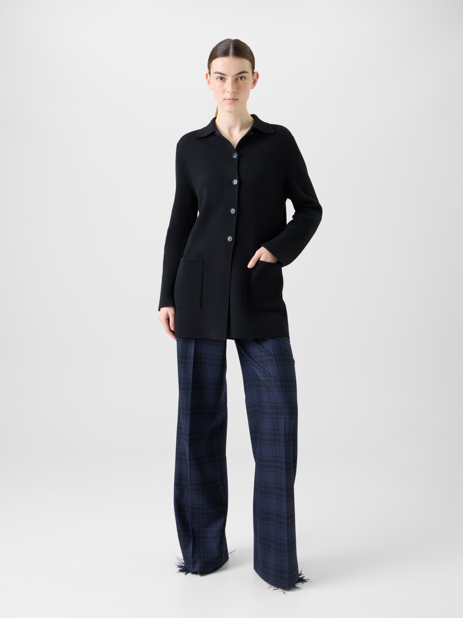 Designer カシミヤダブルフェイス ・ニットカーディガン - ネイビー - ブルー 