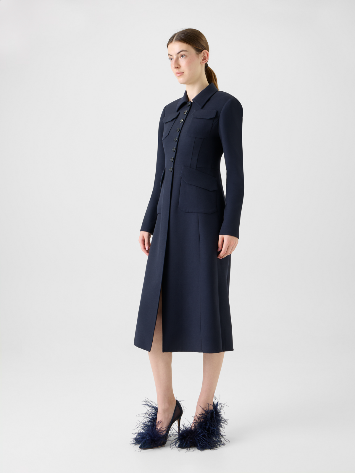 Designer ウールダブルフェイス ・ドレス - ネイビー - ブルー #editorial