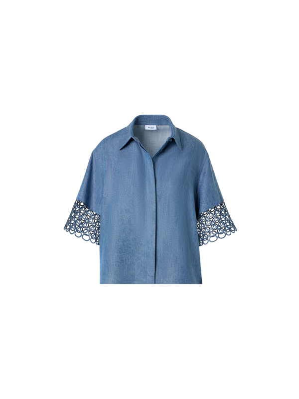 Designer ウォッシュドビスコースデニム ・ブラウス - ブルー