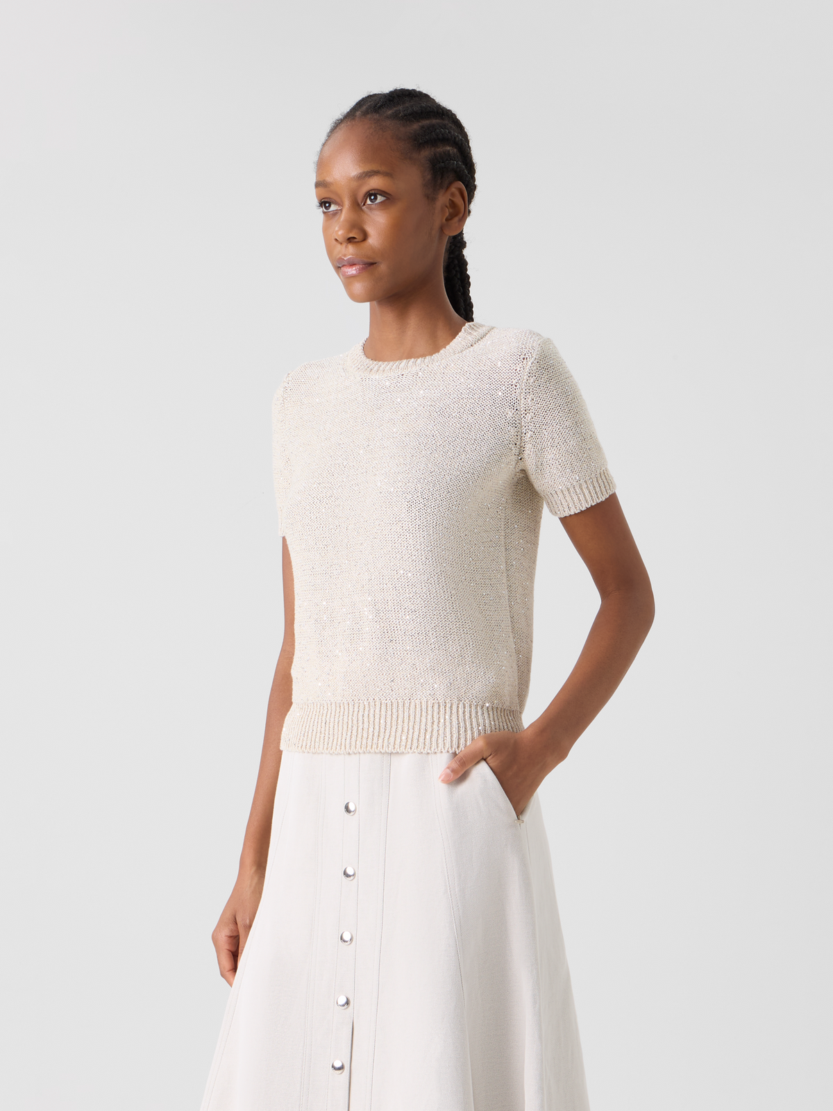 Designer リネンコットンブレンド ・ニットプルオーバー - ベージュ #editorial