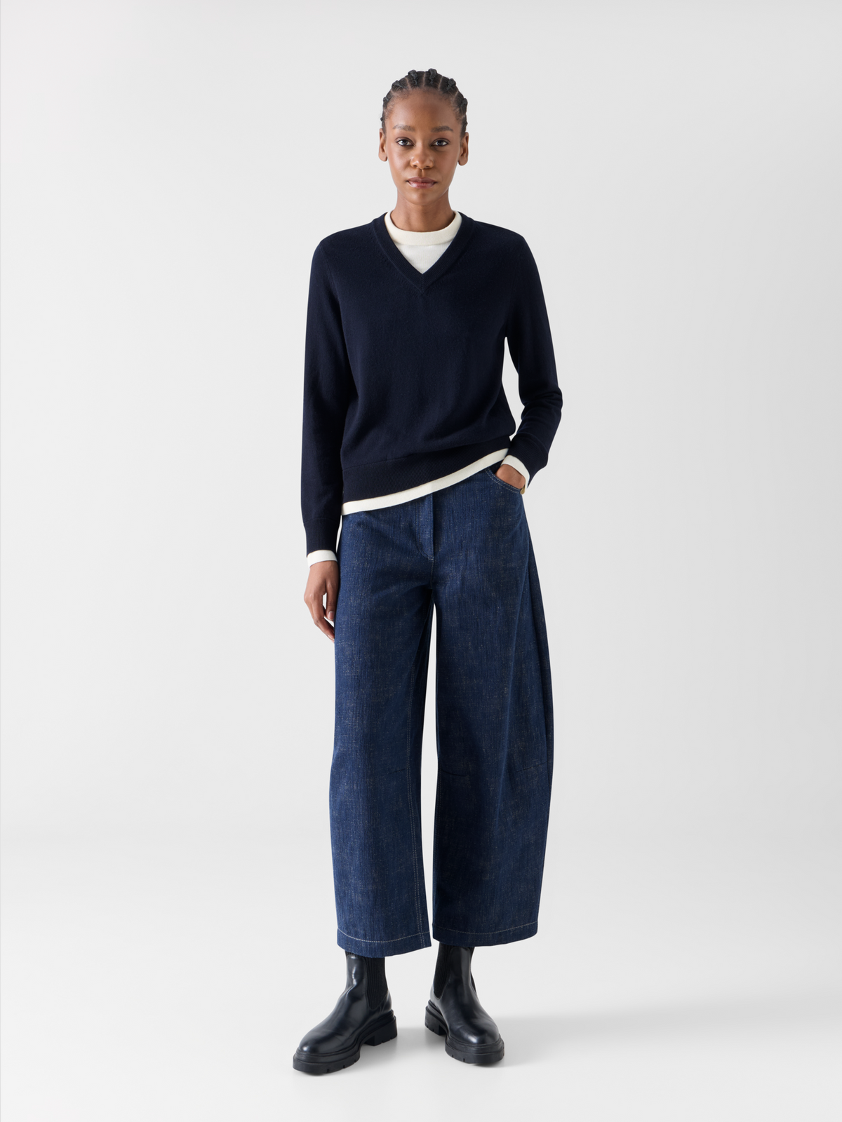 Designer ウールカシミヤ ニットプルオーバー - ネイビー #editorial