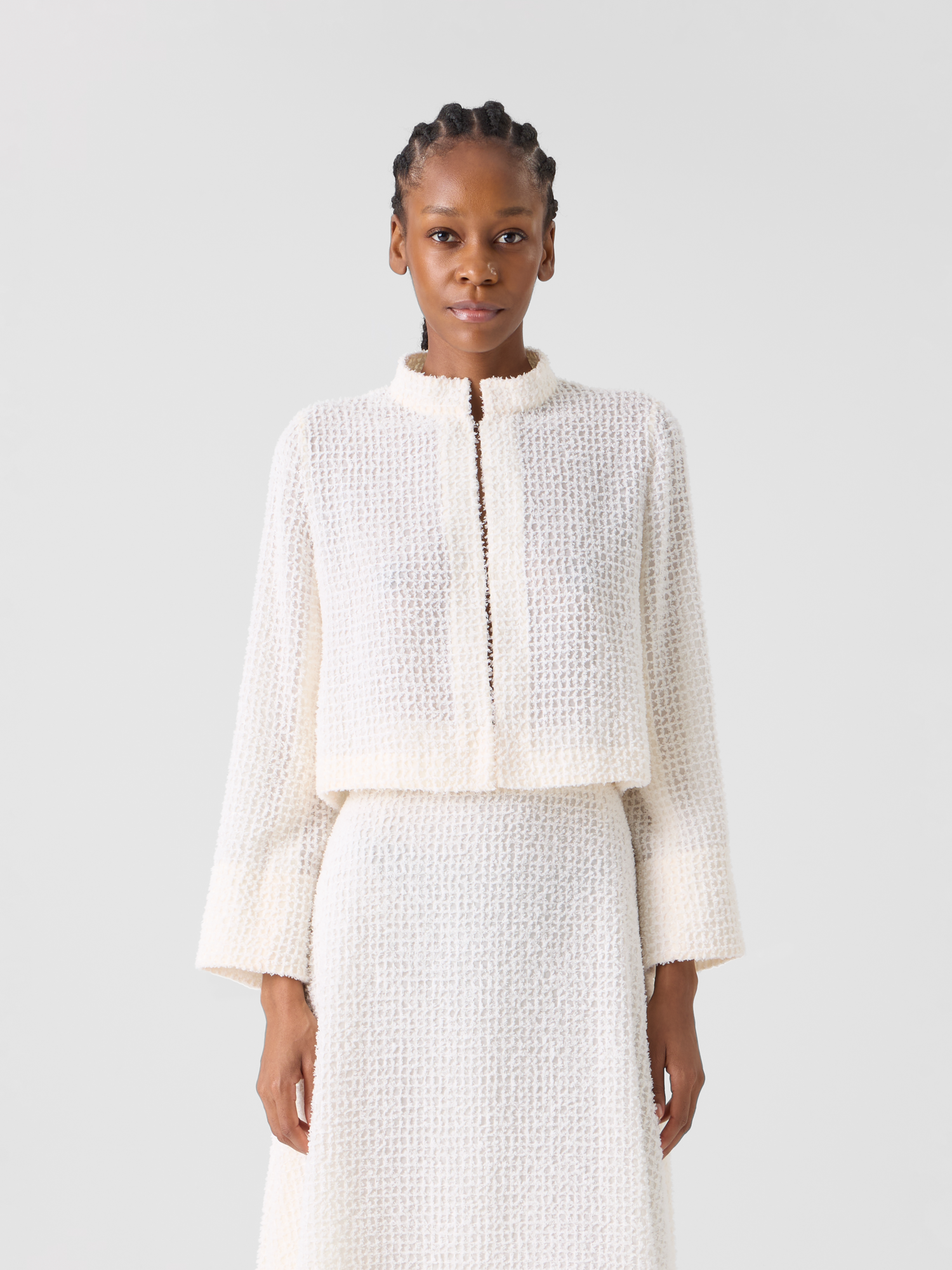 Designer フリンジ付きテクノグリッド素材 (ポリエステル) ・ジャケット - エクリュ 