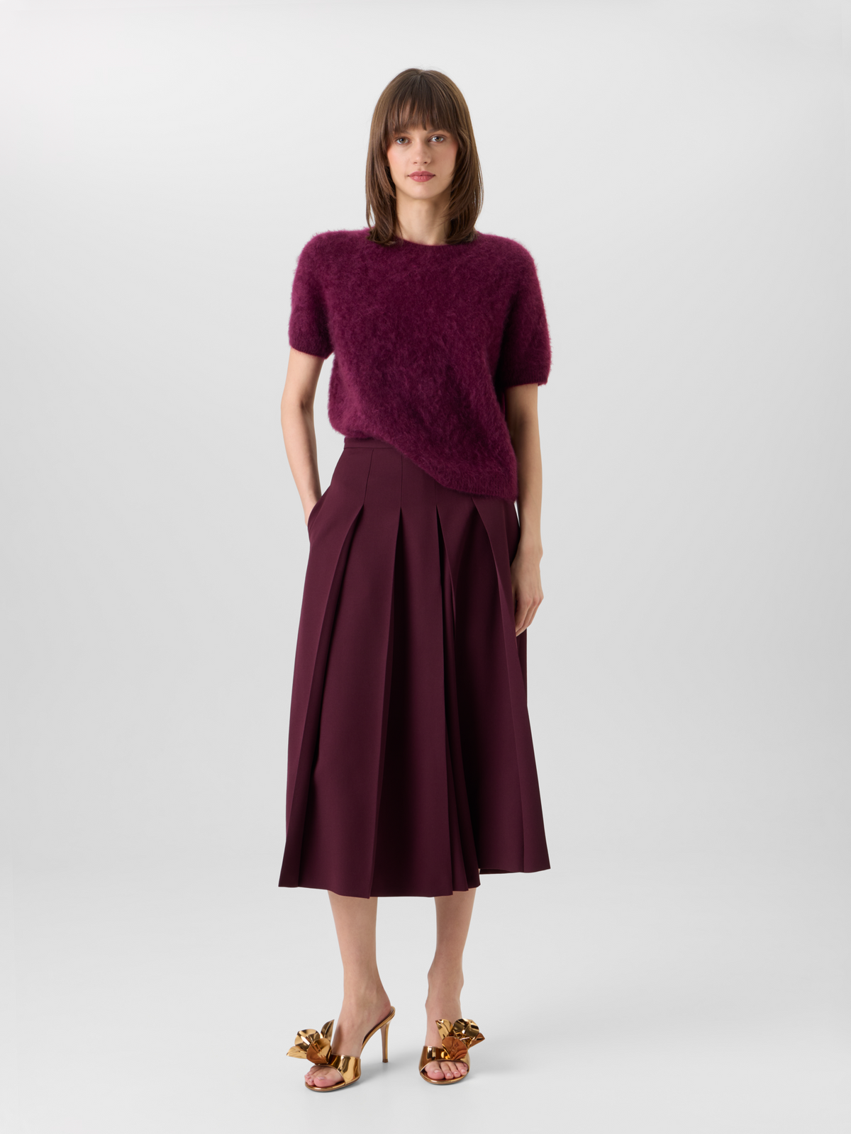 Designer クラウドカシミヤ ニットトップ - レッド - ワイン 