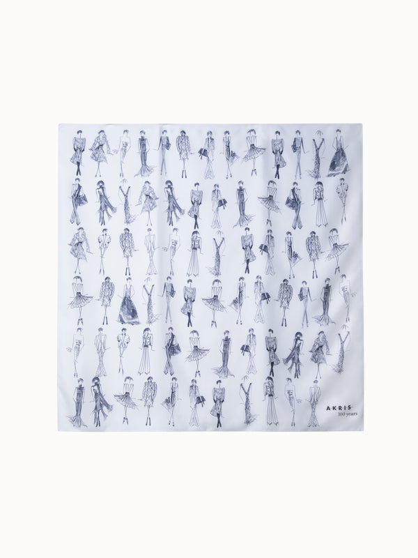Silk Twill Scarf with Croquis Print - white