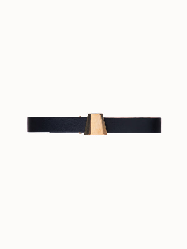 Leather Belt with Trapezoid Buckle - black - gold